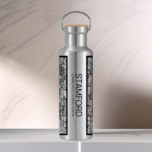 Stamford Connecticut Custom City Map Inscription Coordinates on 20oz Stainless Steel Insulated Bottle with Bamboo Top with printed Tactile Lines Map in Black