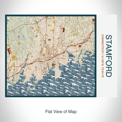 Rendered View of Stamford Connecticut Map on 20oz Stainless Steel Insulated Bottle with Bamboo Top with printed woodblock style map