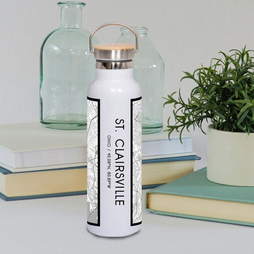 St. Clairsville Ohio Custom City Map Inscription Coordinates on 20oz Stainless Steel Insulated Bottle with Bamboo Top with printed classic style map