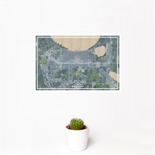 12x18 St. Cloud Florida Map Print Landscape Orientation in Afternoon Style With Small Cactus Plant in White Planter