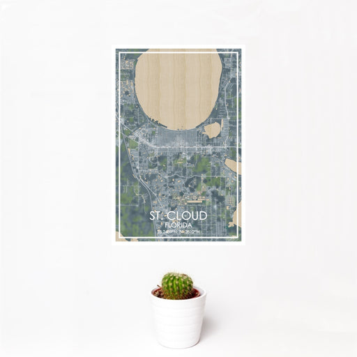 12x18 St. Cloud Florida Map Print Portrait Orientation in Afternoon Style With Small Cactus Plant in White Planter
