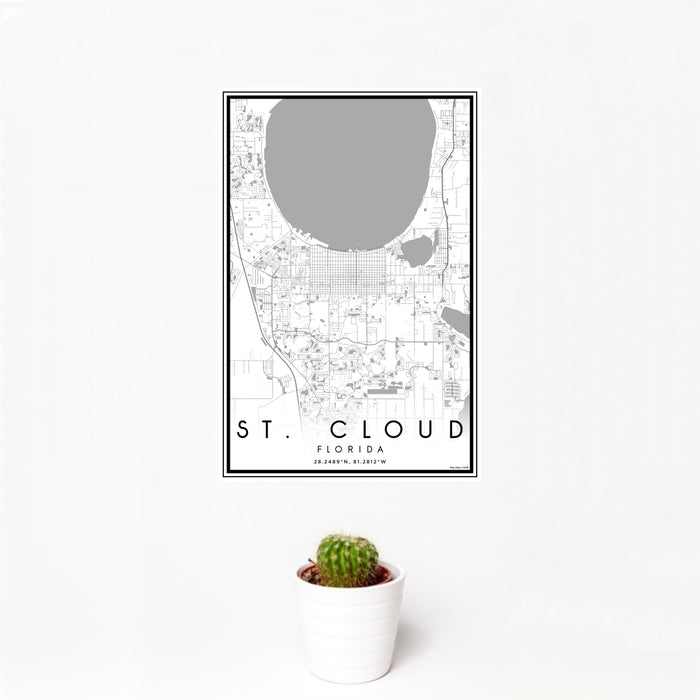 12x18 St. Cloud Florida Map Print Portrait Orientation in Classic Style With Small Cactus Plant in White Planter