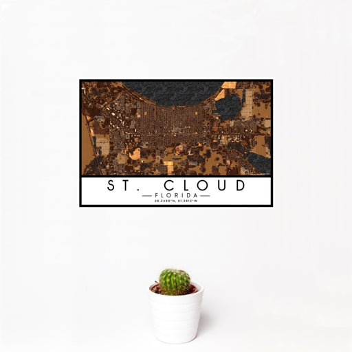 12x18 St. Cloud Florida Map Print Landscape Orientation in Ember Style With Small Cactus Plant in White Planter