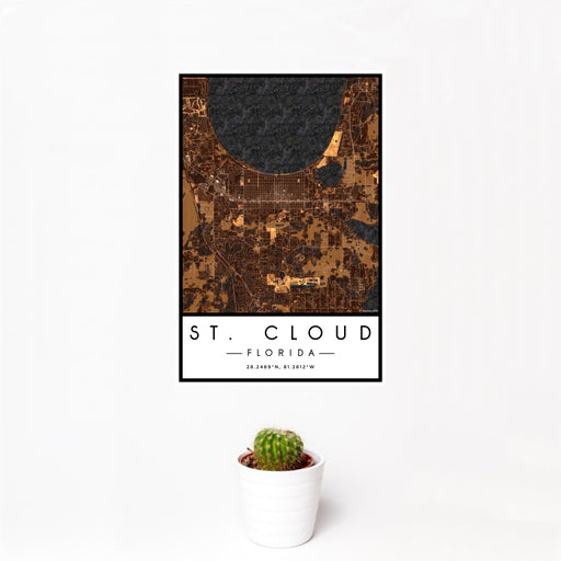 12x18 St. Cloud Florida Map Print Portrait Orientation in Ember Style With Small Cactus Plant in White Planter