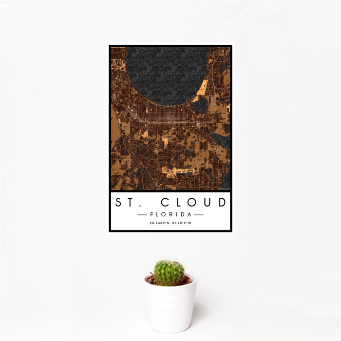 12x18 St. Cloud Florida Map Print Portrait Orientation in Ember Style With Small Cactus Plant in White Planter