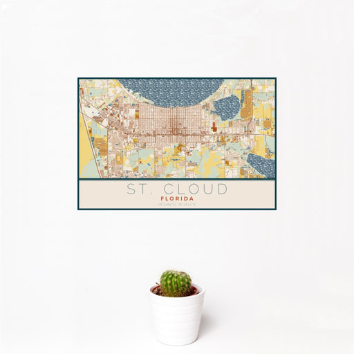 12x18 St. Cloud Florida Map Print Landscape Orientation in Woodblock Style With Small Cactus Plant in White Planter