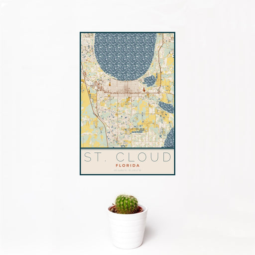 12x18 St. Cloud Florida Map Print Portrait Orientation in Woodblock Style With Small Cactus Plant in White Planter