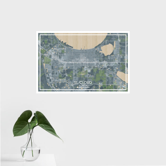 16x24 St. Cloud Florida Map Print Landscape Orientation in Afternoon Style With Tropical Plant Leaves in Water