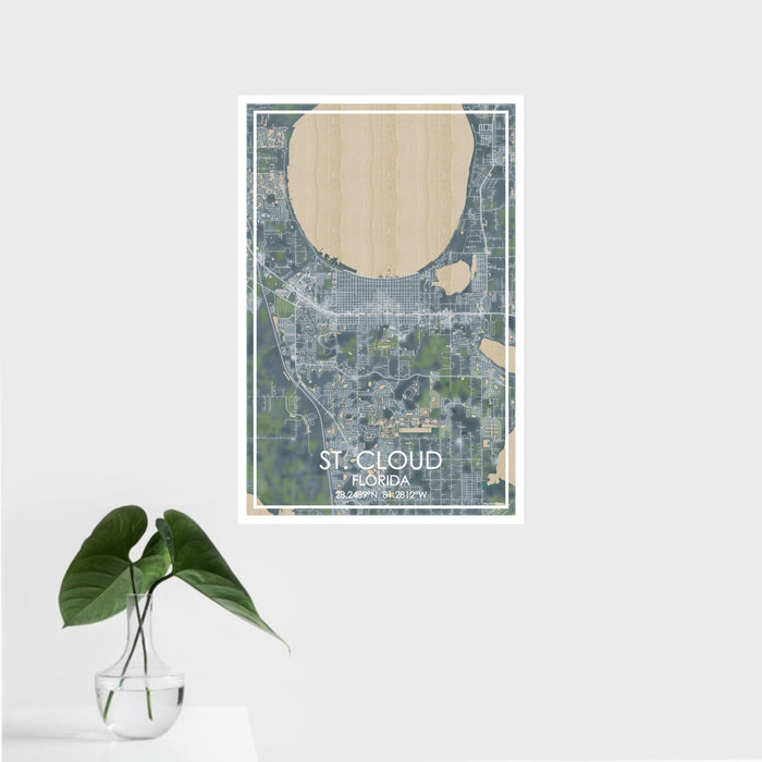 16x24 St. Cloud Florida Map Print Portrait Orientation in Afternoon Style With Tropical Plant Leaves in Water