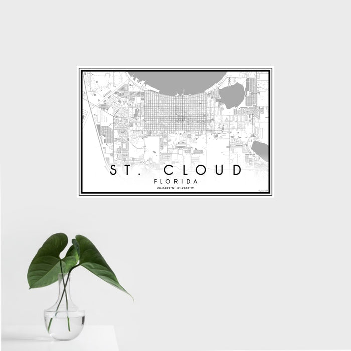 16x24 St. Cloud Florida Map Print Landscape Orientation in Classic Style With Tropical Plant Leaves in Water