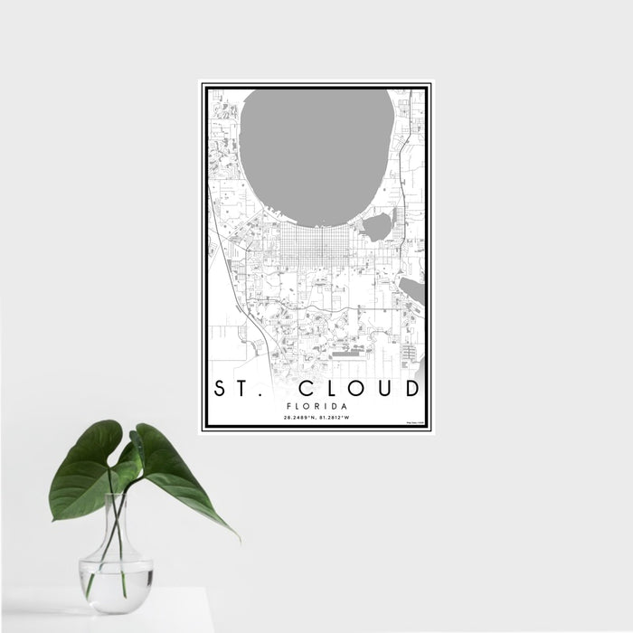 16x24 St. Cloud Florida Map Print Portrait Orientation in Classic Style With Tropical Plant Leaves in Water