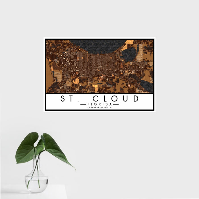 16x24 St. Cloud Florida Map Print Landscape Orientation in Ember Style With Tropical Plant Leaves in Water