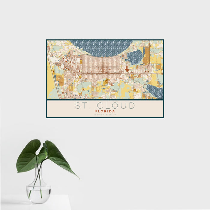 16x24 St. Cloud Florida Map Print Landscape Orientation in Woodblock Style With Tropical Plant Leaves in Water