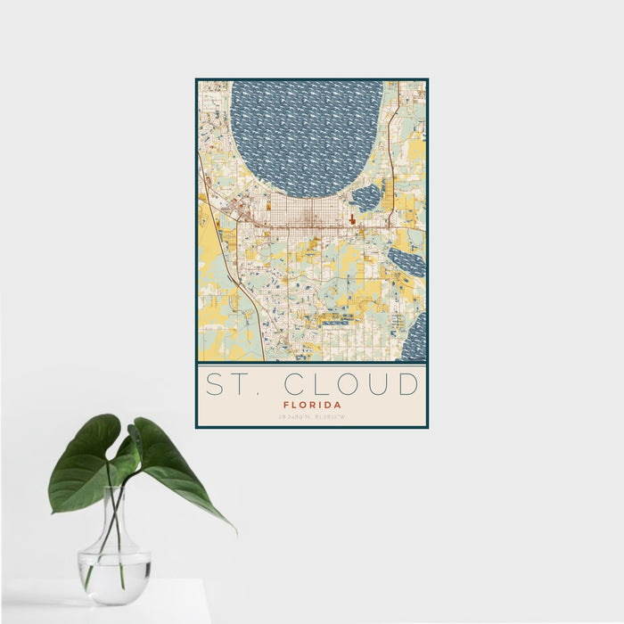 16x24 St. Cloud Florida Map Print Portrait Orientation in Woodblock Style With Tropical Plant Leaves in Water