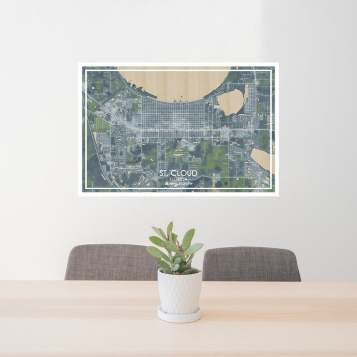 24x36 St. Cloud Florida Map Print Lanscape Orientation in Afternoon Style Behind 2 Chairs Table and Potted Plant