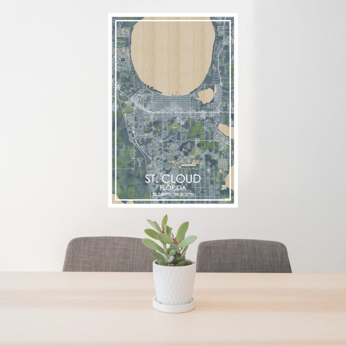 24x36 St. Cloud Florida Map Print Portrait Orientation in Afternoon Style Behind 2 Chairs Table and Potted Plant