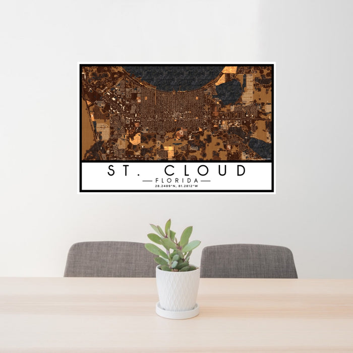 24x36 St. Cloud Florida Map Print Lanscape Orientation in Ember Style Behind 2 Chairs Table and Potted Plant