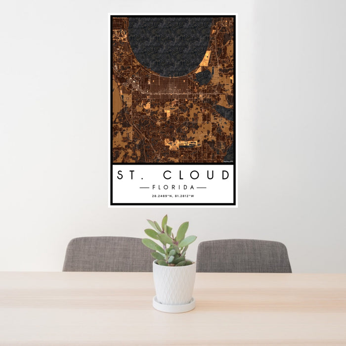 24x36 St. Cloud Florida Map Print Portrait Orientation in Ember Style Behind 2 Chairs Table and Potted Plant