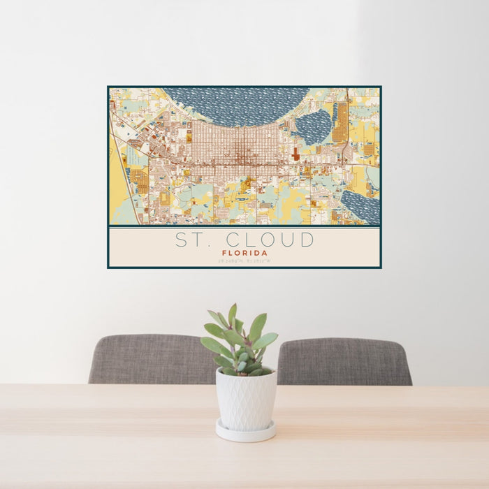 24x36 St. Cloud Florida Map Print Lanscape Orientation in Woodblock Style Behind 2 Chairs Table and Potted Plant