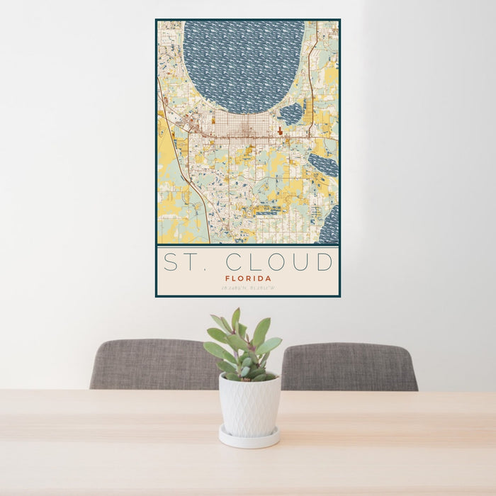 24x36 St. Cloud Florida Map Print Portrait Orientation in Woodblock Style Behind 2 Chairs Table and Potted Plant