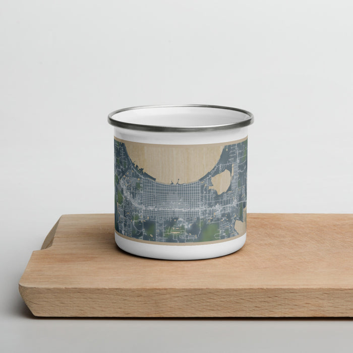 Front View Custom St. Cloud Florida Map Enamel Mug in Afternoon on Cutting Board