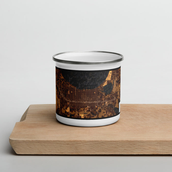 Front View Custom St. Cloud Florida Map Enamel Mug in Ember on Cutting Board