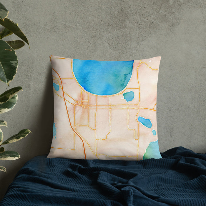 Custom St. Cloud Florida Map Throw Pillow in Watercolor on Bedding Against Wall