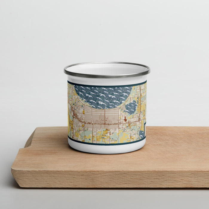 Front View Custom St. Cloud Florida Map Enamel Mug in Woodblock on Cutting Board