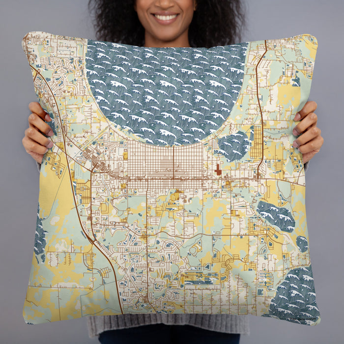 Person holding 22x22 Custom St. Cloud Florida Map Throw Pillow in Woodblock