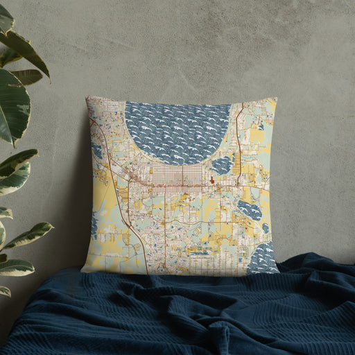 Custom St. Cloud Florida Map Throw Pillow in Woodblock on Bedding Against Wall