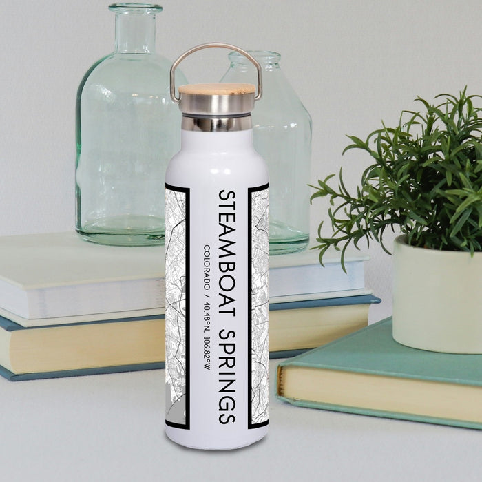 Steamboat Springs Colorado Custom City Map Inscription Coordinates on 20oz Stainless Steel Insulated Bottle with Bamboo Top with printed classic style map