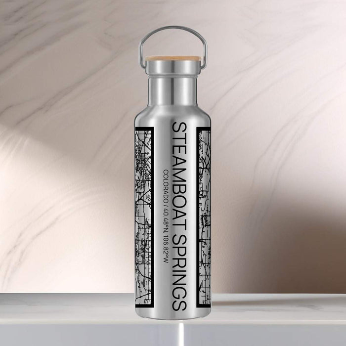 Steamboat Springs Colorado Custom City Map Inscription Coordinates on 20oz Stainless Steel Insulated Bottle with Bamboo Top with printed Tactile Lines Map in Black