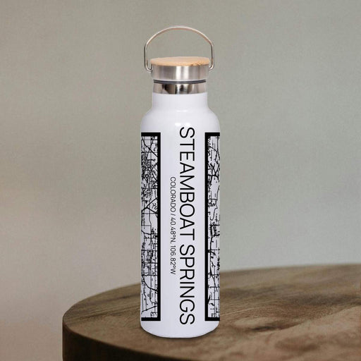 Steamboat Springs Colorado Custom City Map Inscription Coordinates on 20oz Stainless Steel Insulated Bottle with Bamboo Top in Matte White with printed Tactile Lines Map in Black