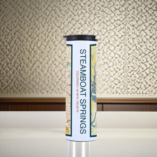 Steamboat Springs Colorado Custom City Map Inscription Coordinates on 17oz Stainless Steel Insulated Tumbler in Woodblock Map Style