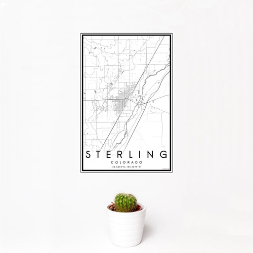 12x18 Sterling Colorado Map Print Portrait Orientation in Classic Style With Small Cactus Plant in White Planter