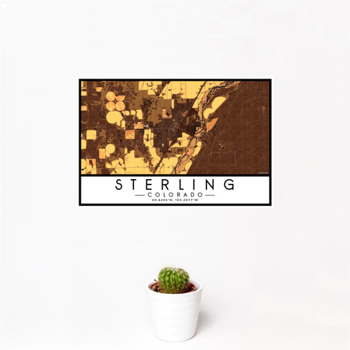 12x18 Sterling Colorado Map Print Landscape Orientation in Ember Style With Small Cactus Plant in White Planter