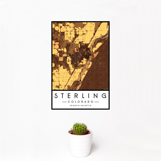 12x18 Sterling Colorado Map Print Portrait Orientation in Ember Style With Small Cactus Plant in White Planter