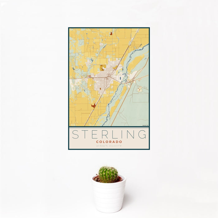 12x18 Sterling Colorado Map Print Portrait Orientation in Woodblock Style With Small Cactus Plant in White Planter