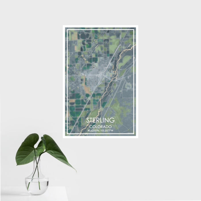 16x24 Sterling Colorado Map Print Portrait Orientation in Afternoon Style With Tropical Plant Leaves in Water