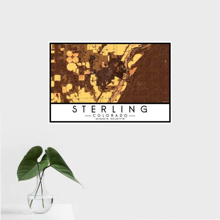 16x24 Sterling Colorado Map Print Landscape Orientation in Ember Style With Tropical Plant Leaves in Water
