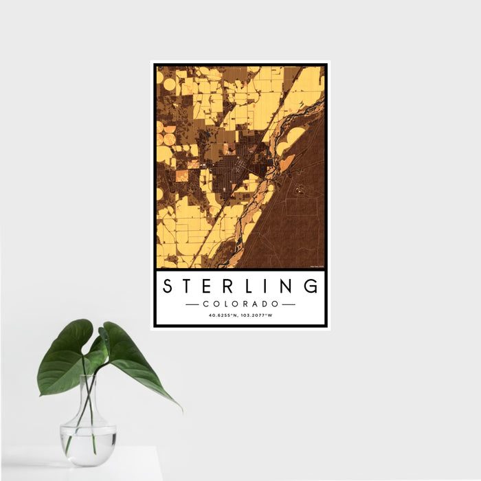 16x24 Sterling Colorado Map Print Portrait Orientation in Ember Style With Tropical Plant Leaves in Water