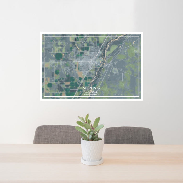 24x36 Sterling Colorado Map Print Lanscape Orientation in Afternoon Style Behind 2 Chairs Table and Potted Plant