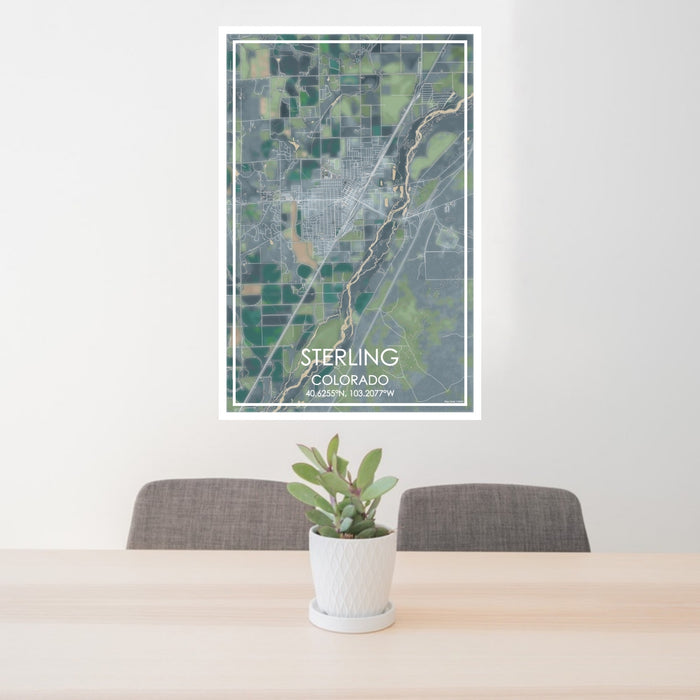 24x36 Sterling Colorado Map Print Portrait Orientation in Afternoon Style Behind 2 Chairs Table and Potted Plant