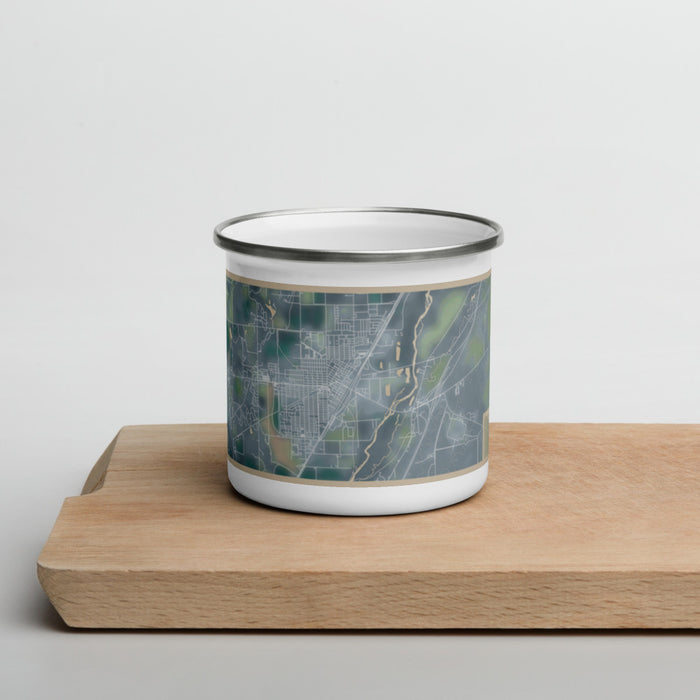 Front View Custom Sterling Colorado Map Enamel Mug in Afternoon on Cutting Board