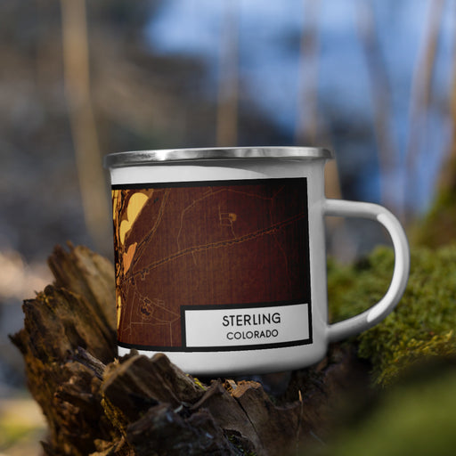 Right View Custom Sterling Colorado Map Enamel Mug in Ember on Grass With Trees in Background