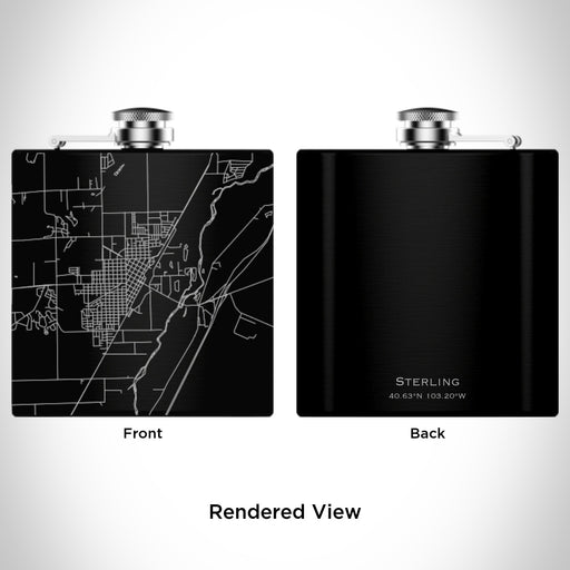 Rendered View of Sterling Colorado Map Engraving on 6oz Stainless Steel Flask in Black