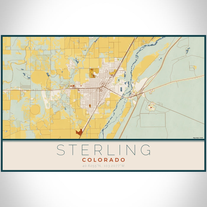 Sterling Colorado Map Print Landscape Orientation in Woodblock Style With Shaded Background
