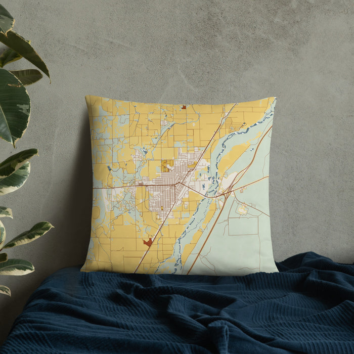 Custom Sterling Colorado Map Throw Pillow in Woodblock on Bedding Against Wall
