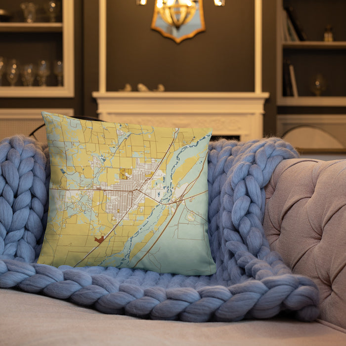 Custom Sterling Colorado Map Throw Pillow in Woodblock on Cream Colored Couch