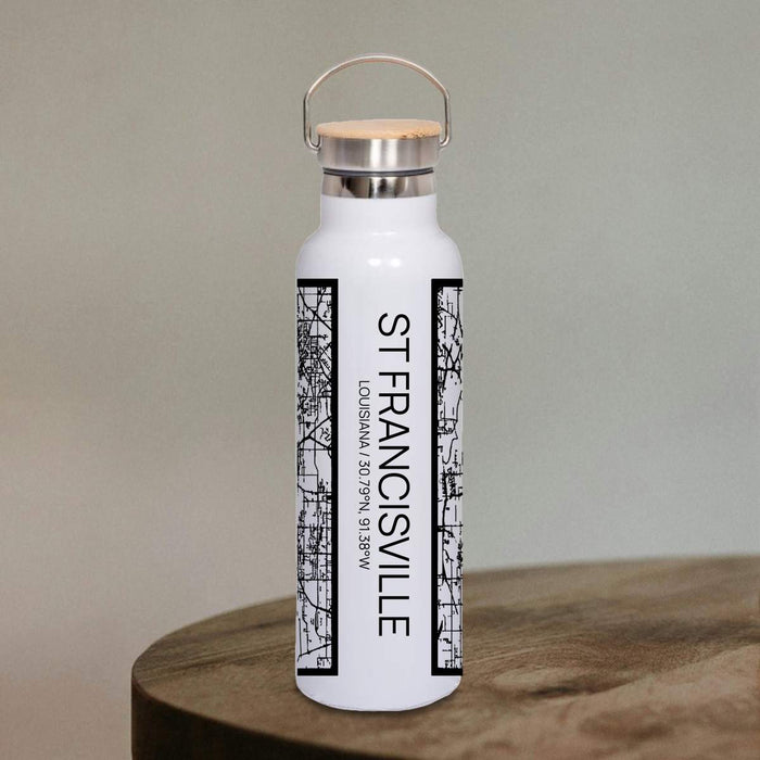 St Francisville Louisiana Custom City Map Inscription Coordinates on 20oz Stainless Steel Insulated Bottle with Bamboo Top in Matte White with printed Tactile Lines Map in Black